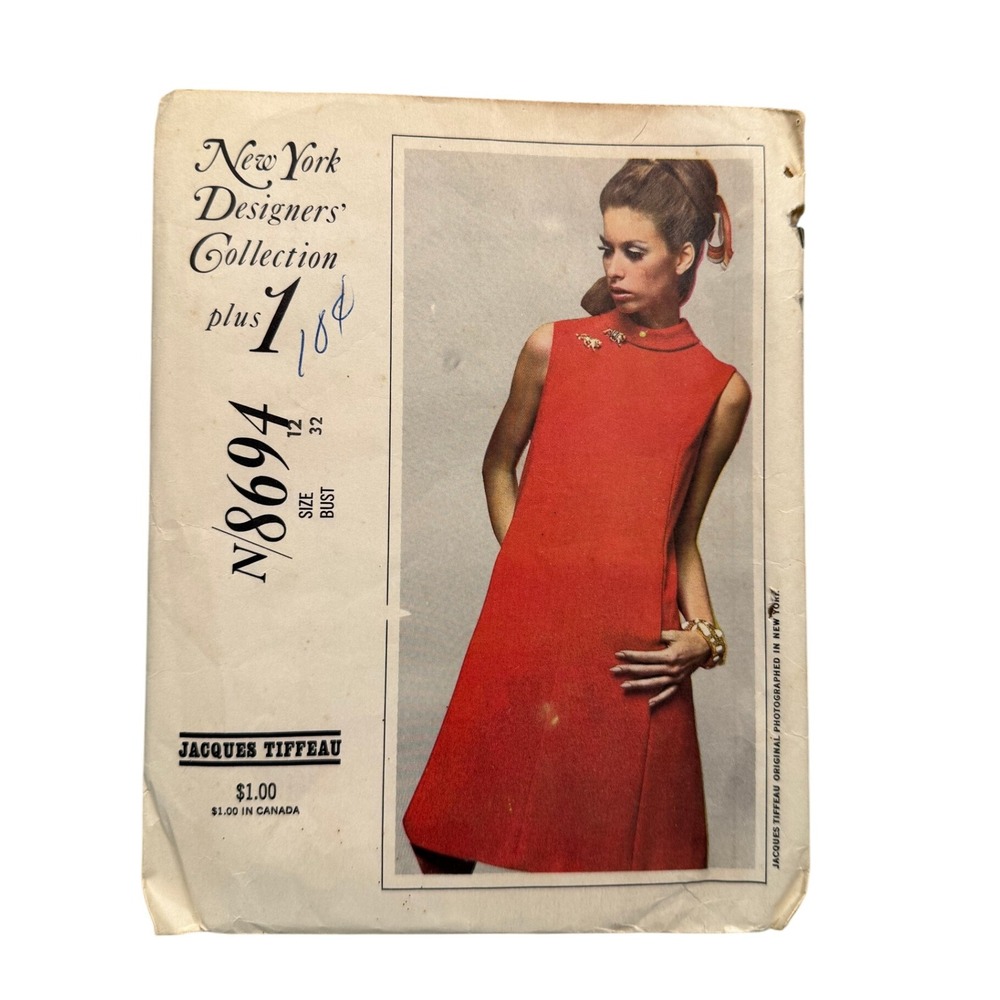VTG Jacques Tiffeau NY Designer 60's McCall's 8694 Mod Dress Sewing Pattern 12